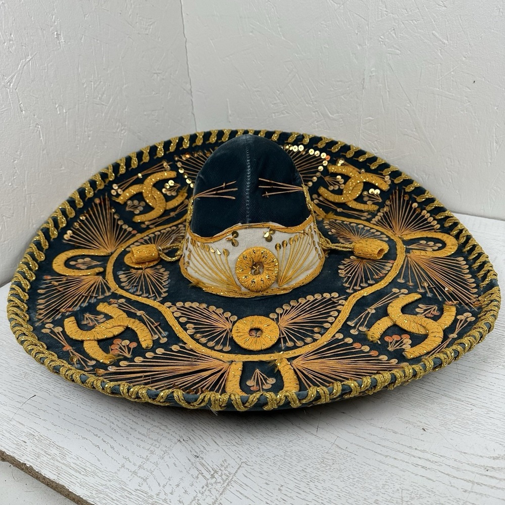 Vintage Sombreros Calidad Velvet Teal And‎ Gold Embroidered With Sequins
